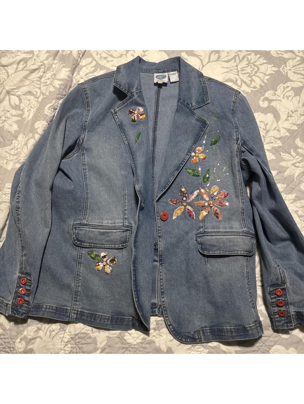Vintage Jean Jacket DG2 Diane Gilman Blue XS Red Button Up Blinged Long Sleeve